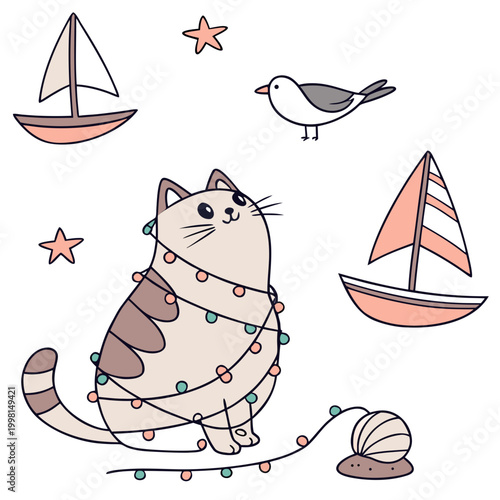 Playful expression on a Chonky cat in a Beach day theme, with wrapped in fairy lights – Ocean Breeze vector art