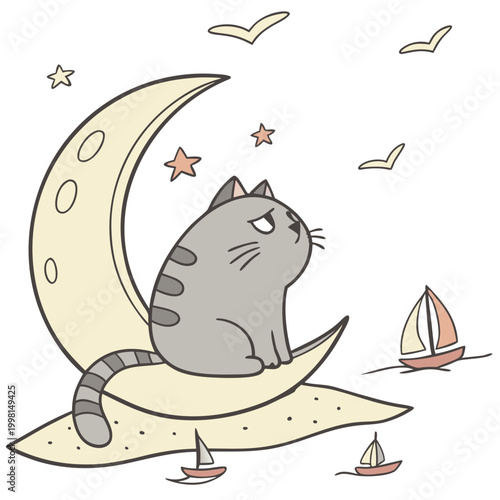 Cute SVG of a Grumpy Chonky cat in Ocean Breeze colors, featuring sitting on a moon in a Beach day setting