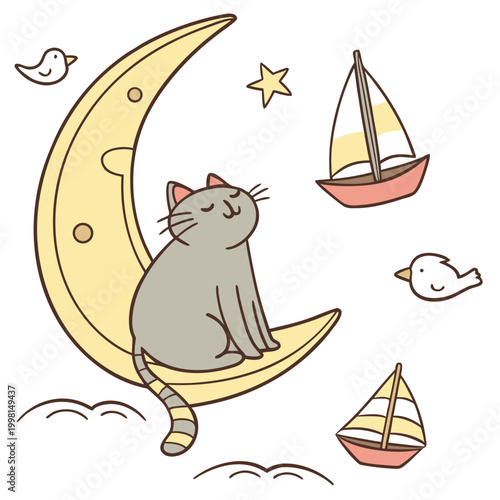 Vector illustration of a Happy Chonky cat with sitting on a moon, styled in a Beach day theme using Ocean Breeze colors