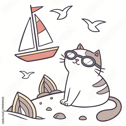 A Grumpy Chonky cat with wearing glasses in a Beach day theme – Ocean Breeze palette SVG illustration