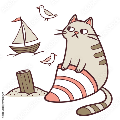 An adorable Chonky cat with a Grumpy vibe, snuggled in a sock, and a Ocean Breeze Beach day theme – SVG style