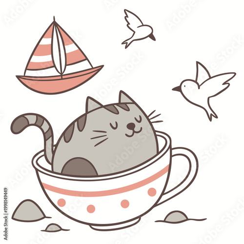 Ocean Breeze themed SVG: Bashful Chonky cat with in a teacup in a Beach day environment
