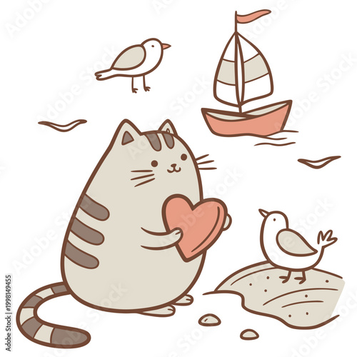 Ocean Breeze themed SVG: Relaxed Chonky cat with holding a heart in a Beach day environment