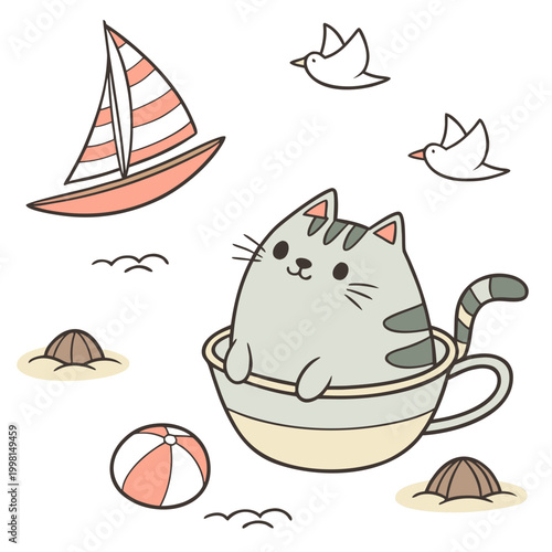 Vector illustration of a Loving Chonky cat with in a teacup, styled in a Beach day theme using Ocean Breeze colors