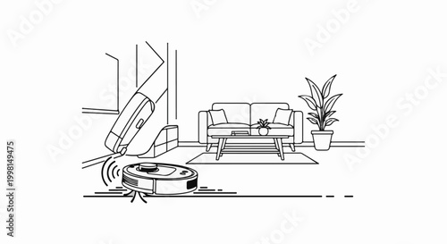 Line art of a robotic vacuum cleaner and a person using a handheld vacuum