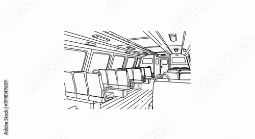 Interior view of empty passenger transport with rows of seats and windows