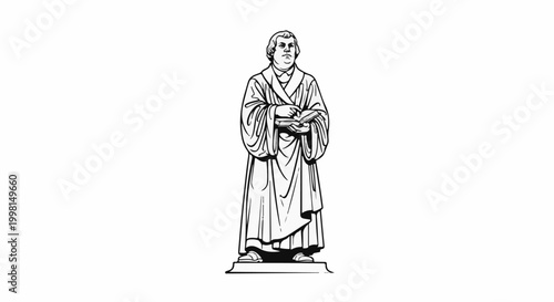 Line art of a stoic man in robes holding a book, standing tall