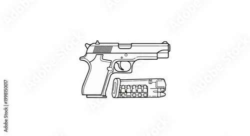 Line art illustration of a handgun with a separate magazine loaded with bullets