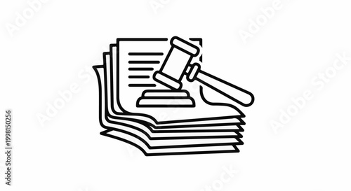 Illustration of a gavel striking a sound block on top of documents