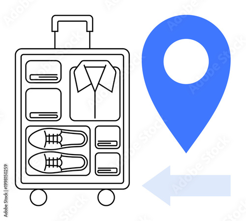 Travel, organization, packing tips, location, vacation planning, journey preparation. Suitcase showing neatly packed items alongside a location icon and direction arrow. Travel and organization