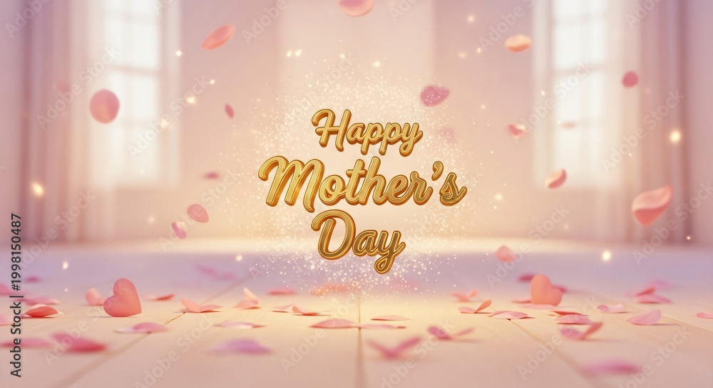 Naklejka premium Happy Mother's Day golden 3D lettering with falling pink rose petals on a sunlit wooden floor, elegant holiday greeting card background with soft bokeh and magical sparkles.