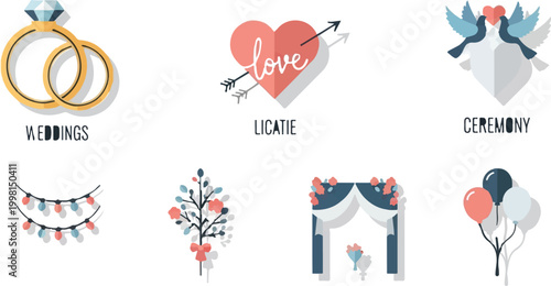 Wedding flat icon set with 7 romantic elements, bridal ceremony symbols, engagement rings and heart with arrow, festive party decorations for marriage