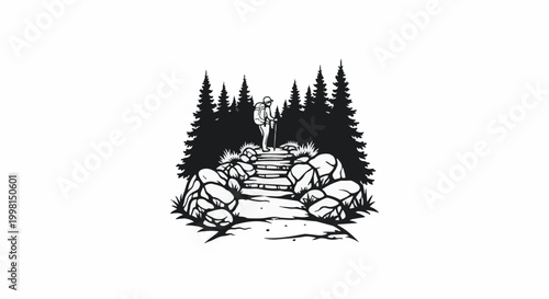 Hiker on stone steps amidst pine trees and rocks, ready for adventure