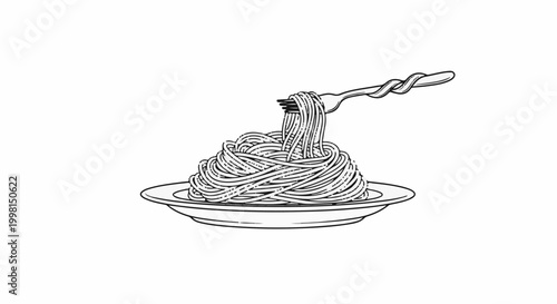 Illustration of spaghetti twirled on a fork, resting on a plate