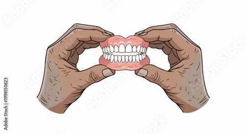 Hands holding up a set of dentures with white teeth and pink gums