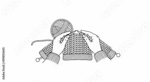 Hands knitting a textured garment with a ball of yarn and needles