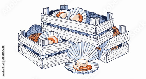 Illustration of wooden crates overflowing with fresh scallops and mussels