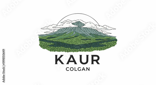Illustrative depiction of a volcanic mountain peak above a verdant forest