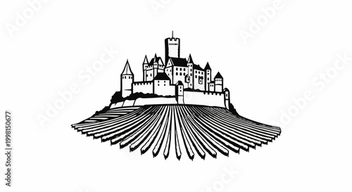 Imposing castle atop a hill with radiating vineyard rows below
