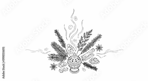 Incense burner with aromatic herbs, spices, and smoke swirls