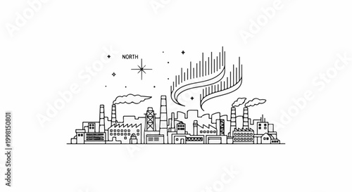 Industrial cityscape under aurora borealis with a compass rose indicating north