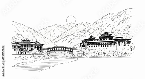 Himalayan landscape with ancient structures and a river