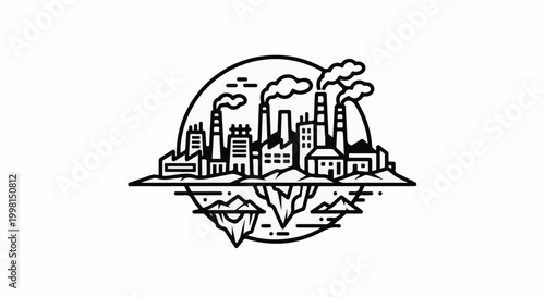 Industrial cityscape spewing smoke above an iceberg, split between above and below water