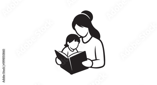 Mother reading book to child minimalist black and white icon