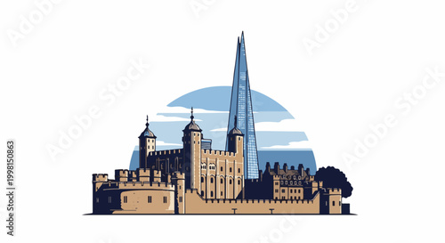 Historic fortress and modern skyscraper stand against a cloudy sky