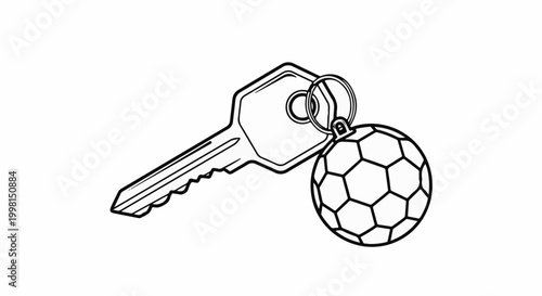 Key with a soccer ball keychain, line art