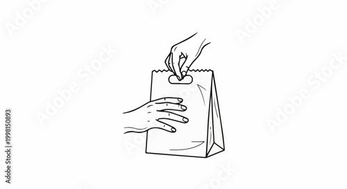 Hands open paper bag with cutout handle for carrying items