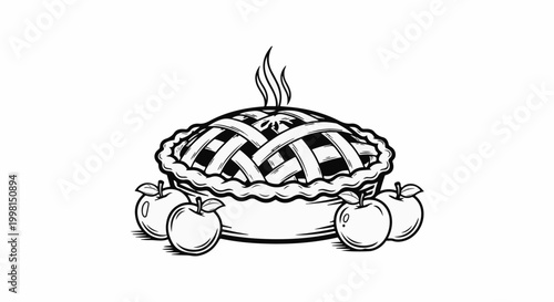 Hot apple pie with a lattice crust sits among fresh apples