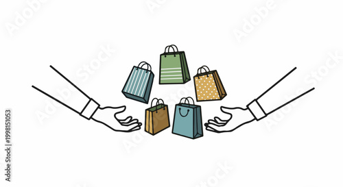 Hands outstretched, offering and receiving colorful shopping bags