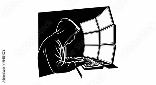 Hooded figure types on keyboard before multiple monitors