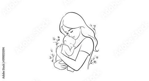Mother holding newborn baby line art with delicate floral details