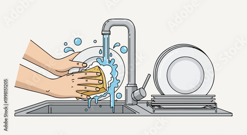 Hands wash a plate with a sponge under running water in a sink