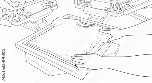 Hands preparing a blank t-shirt on a screen printing press