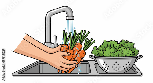 Hands washing carrots under faucet, lettuce in colander