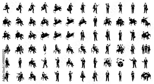 isometric black silhouette business people set in various poses and situations