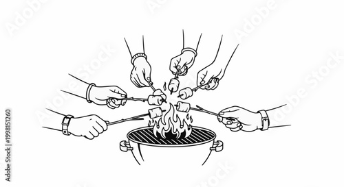 Hands roast marshmallows over an outdoor grill fire, a shared outdoor cooking activity