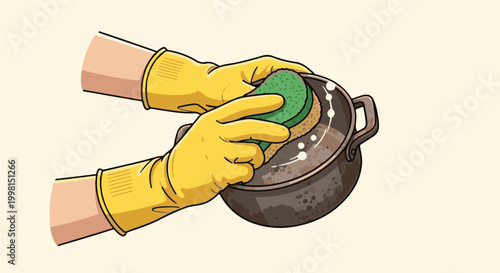 Hands wearing yellow gloves scrub a dirty pot with a green sponge