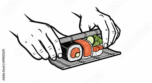 Hands rolling sushi with salmon, cucumber, and greens on mat