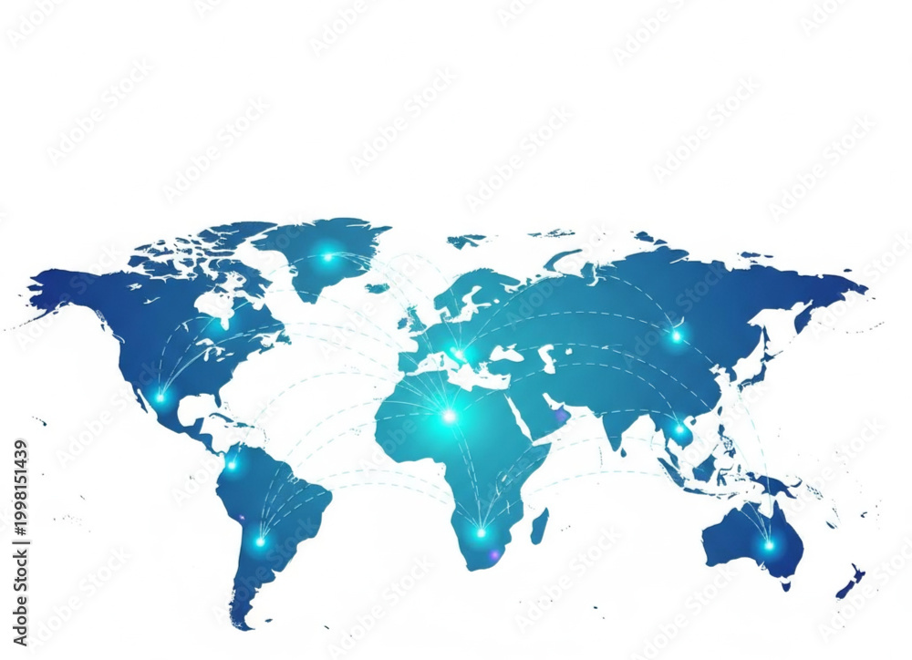 Fototapeta premium Global connectivity map with glowing connection points across continents, illustrating worldwide networks and communication