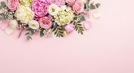 Beautiful pink and white flower arrangement border on soft pastel background perfect for mothers day or feminine greeting cards.