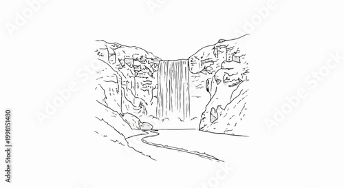 Hand-drawn sketch of a grand waterfall cascading down rocky cliffs into a tranquil pool