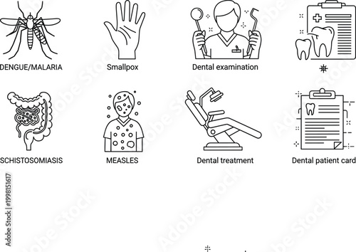 Medical and Dental Health Icon Set with Disease Symptoms, Treatment Procedures, Patient Care Symbols for Healthcare Apps, Clinics, and Educational Infographics