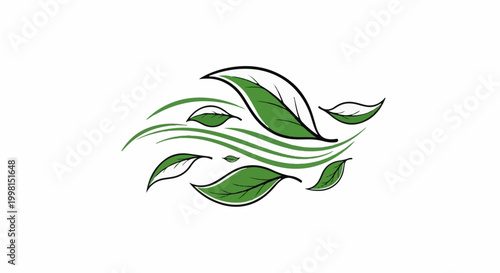 Green leaves and stylized waves, representing nature and movement