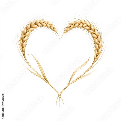 Dekorative Illustration eines Herzens aus goldenen Getreideähren auf weißem Hintergrund. Symbol für Liebe zur Natur, Landwirtschaft, Ernte, Nachhaltigkeit und natürliche Ernährung.