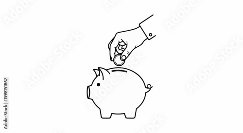 Hand drops coin into piggy bank for saving