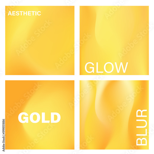 Aesthetic yellow, gold poster set with smooth blurred wave gradient texture, glowing liquid wavy curl. Fantasy glow, futuristic fluid background with copy space. Cosmetic technology